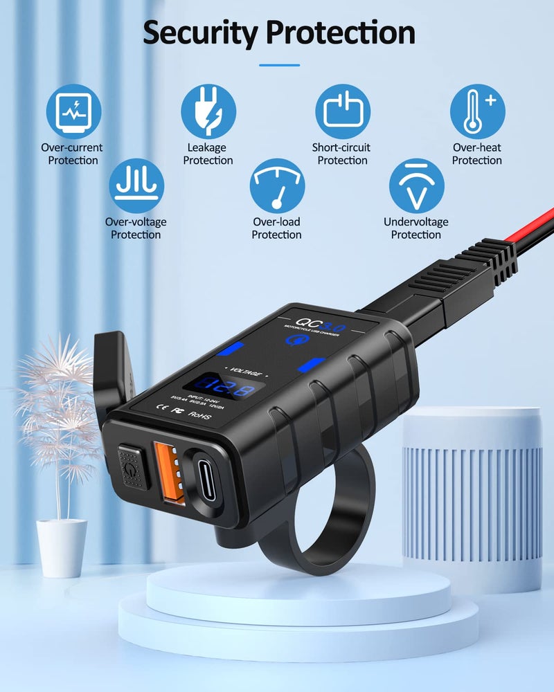 EXTRACTME شاحن دراجة نارية USB EXTRACTME، ترقية 6.4A شحن سريع 3.0 و Type C PD شاحن مزدوج للهاتف مع فولت ميتر، ملحقات دراجة نارية مقاومة للماء للهاتف، التابلت، GPS، إلخ - Image 4