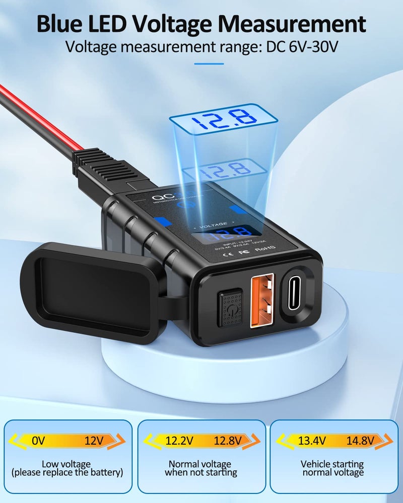 EXTRACTME شاحن دراجة نارية USB EXTRACTME، ترقية 6.4A شحن سريع 3.0 و Type C PD شاحن مزدوج للهاتف مع فولت ميتر، ملحقات دراجة نارية مقاومة للماء للهاتف، التابلت، GPS، إلخ - Image 3