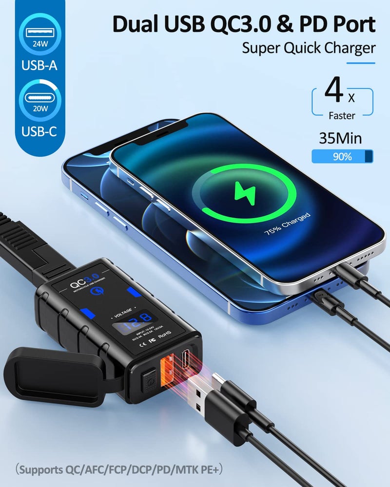 EXTRACTME شاحن دراجة نارية USB EXTRACTME، ترقية 6.4A شحن سريع 3.0 و Type C PD شاحن مزدوج للهاتف مع فولت ميتر، ملحقات دراجة نارية مقاومة للماء للهاتف، التابلت، GPS، إلخ - Image 2