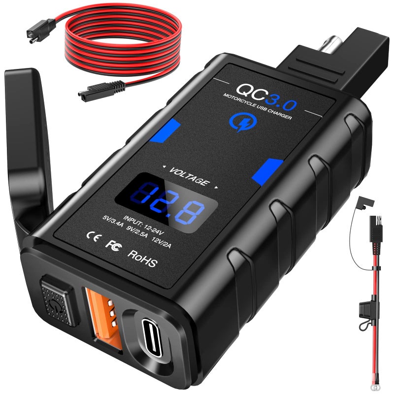 EXTRACTME شاحن دراجة نارية USB EXTRACTME، ترقية 6.4A شحن سريع 3.0 و Type C PD شاحن مزدوج للهاتف مع فولت ميتر، ملحقات دراجة نارية مقاومة للماء للهاتف، التابلت، GPS، إلخ - Image 1