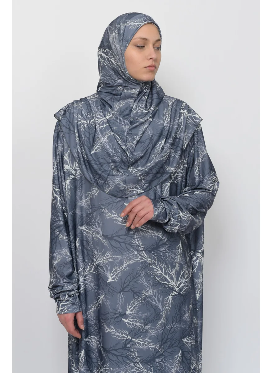 التوبة Practical One Piece Tree Patterned Sleeves Removable Hijab Lycra Hijab Prayer Dress 990-0711