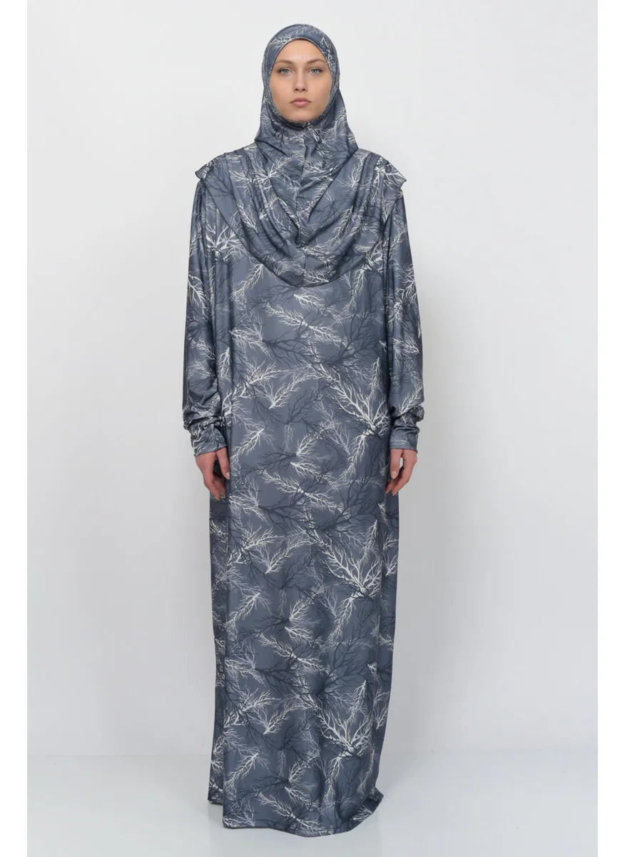 التوبة Practical One Piece Tree Patterned Sleeves Removable Hijab Lycra Hijab Prayer Dress 990-0711