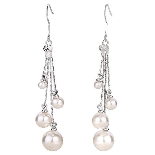 EleQueen Women's Silver-tone Crystal Simulated Pearl 4 Chain Bridal Long Dangle Hook Earrings Ivory Color - Image 1