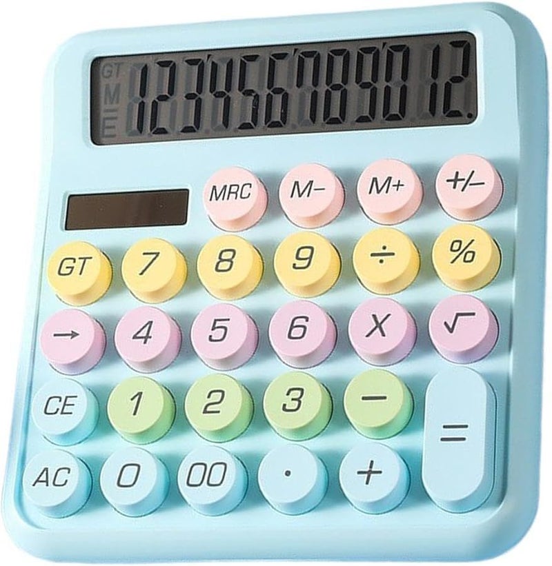 Blue Solar Powered Calculator 12 Digits Round Button Office School Home Shopping Travel - Image 1