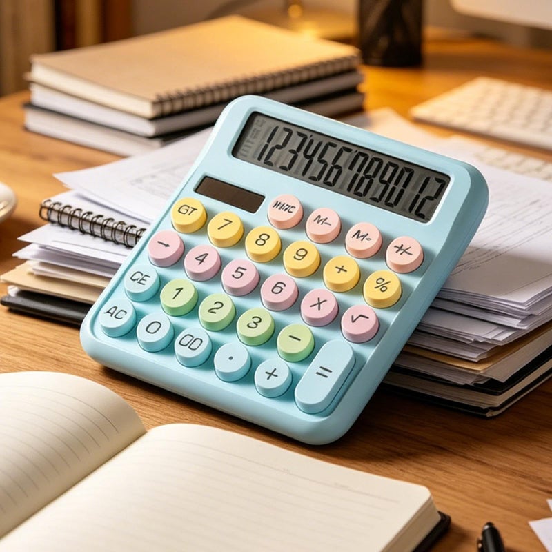 Blue Solar Powered Calculator 12 Digits Round Button Office School Home Shopping Travel - Image 4