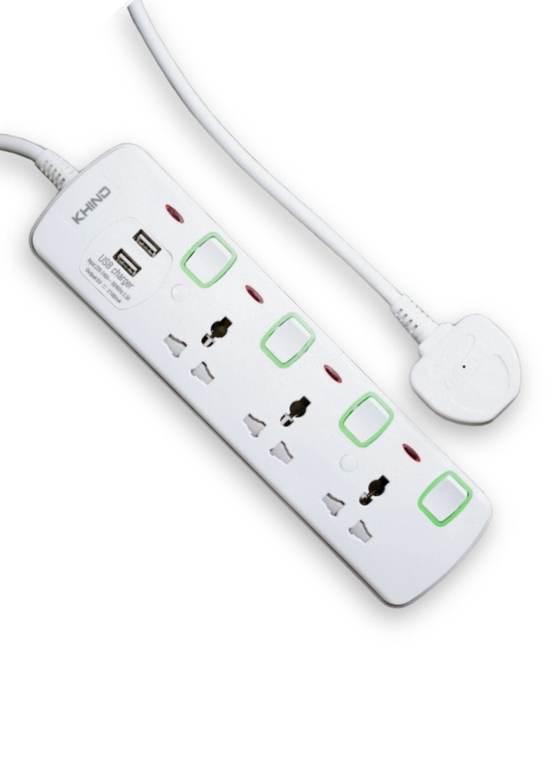 KHIND High Quality Power Extension Universal 3 Socket Plug Adapter with 2 USB Charging Sockets, Extension Cord 5 Meter - Image 1