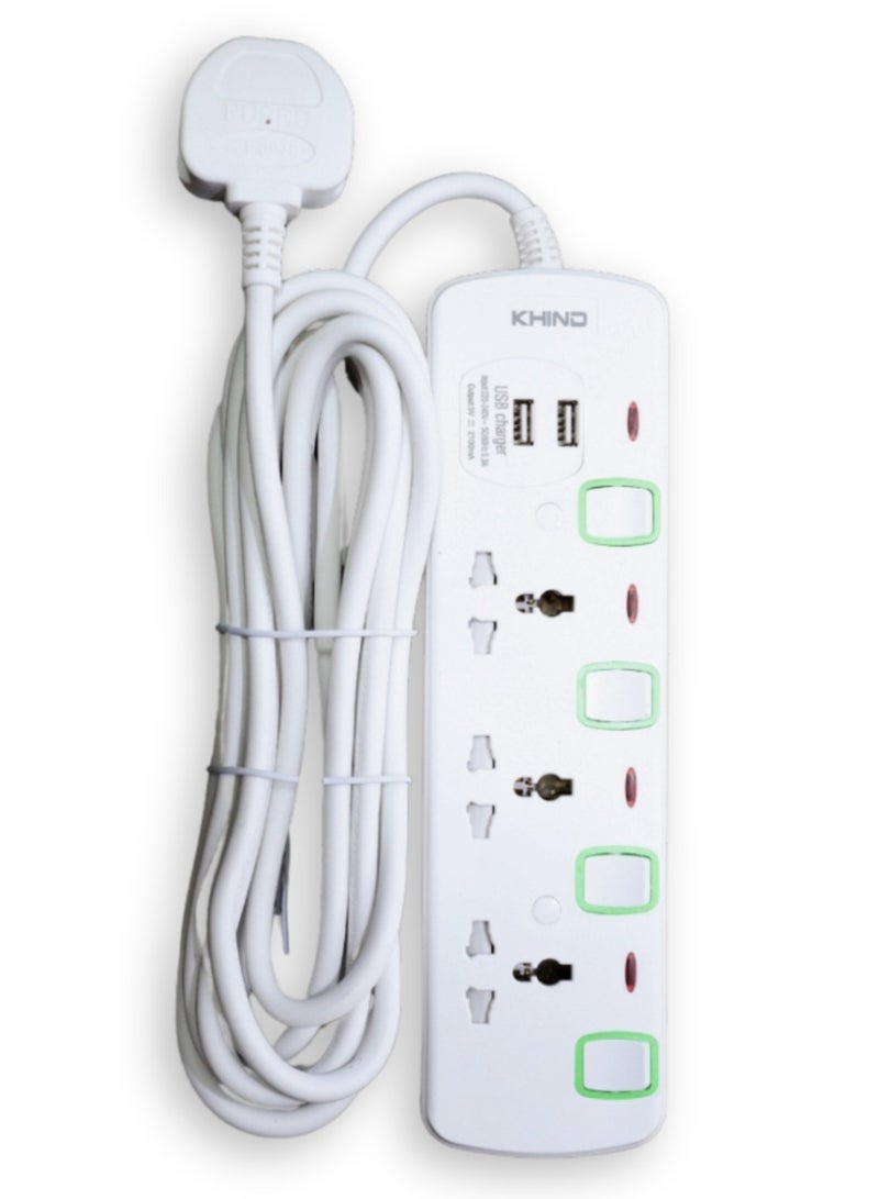 KHIND High Quality Power Extension Universal 3 Socket Plug Adapter with 2 USB Charging Sockets, Extension Cord 5 Meter - Image 2