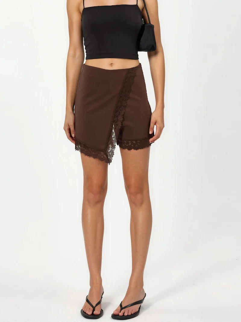 كيوستايل QU STYLE High Waist Mini Lace A-Line Skirt
