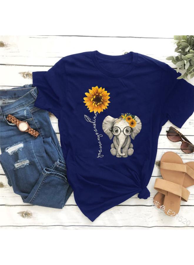 European And American Explosions Women's Elephant Sunflower Printed Top Loose Fashion Trendy Casual Women's Temu