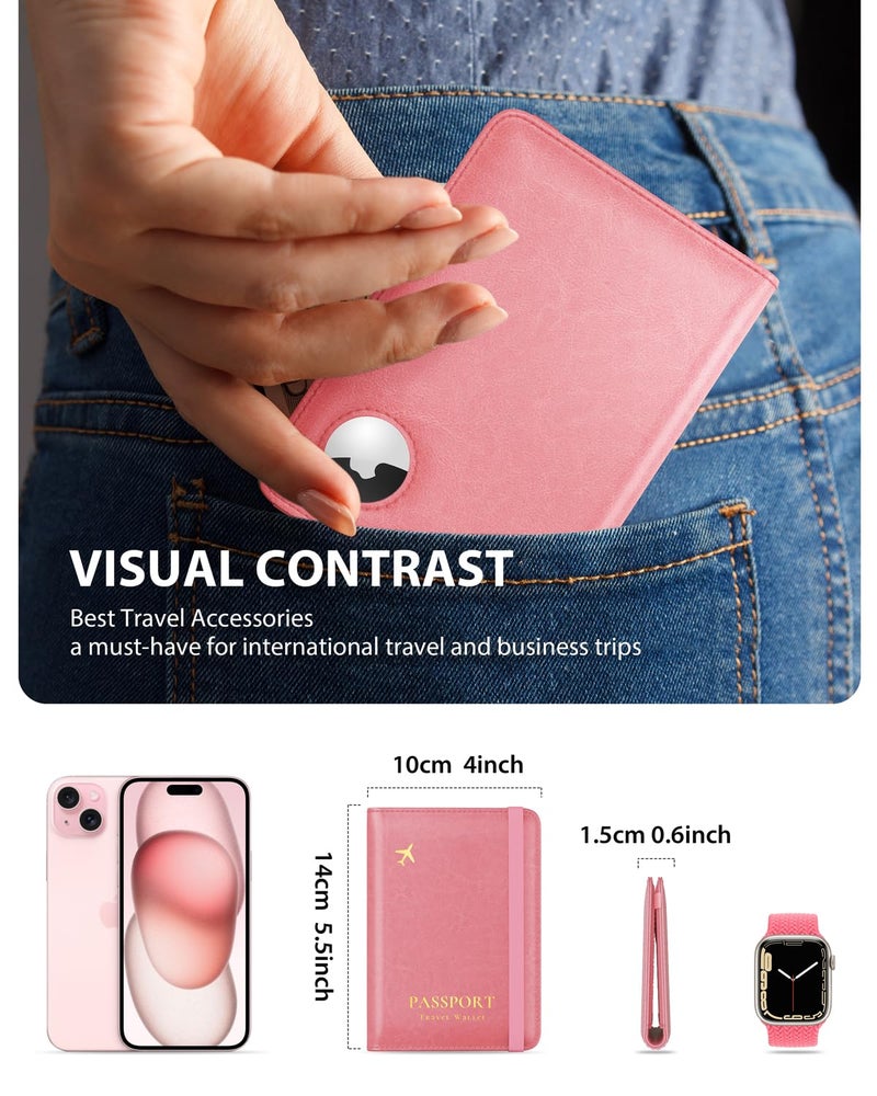 Stouchi AirTag Passport Holder, Cute Passport Holder with Airtag Slot, RFID Passport Wallet Cover for Women, Family Leather Passport Protector Case, Anti-Lost Travel Essentials, Pink - Image 4