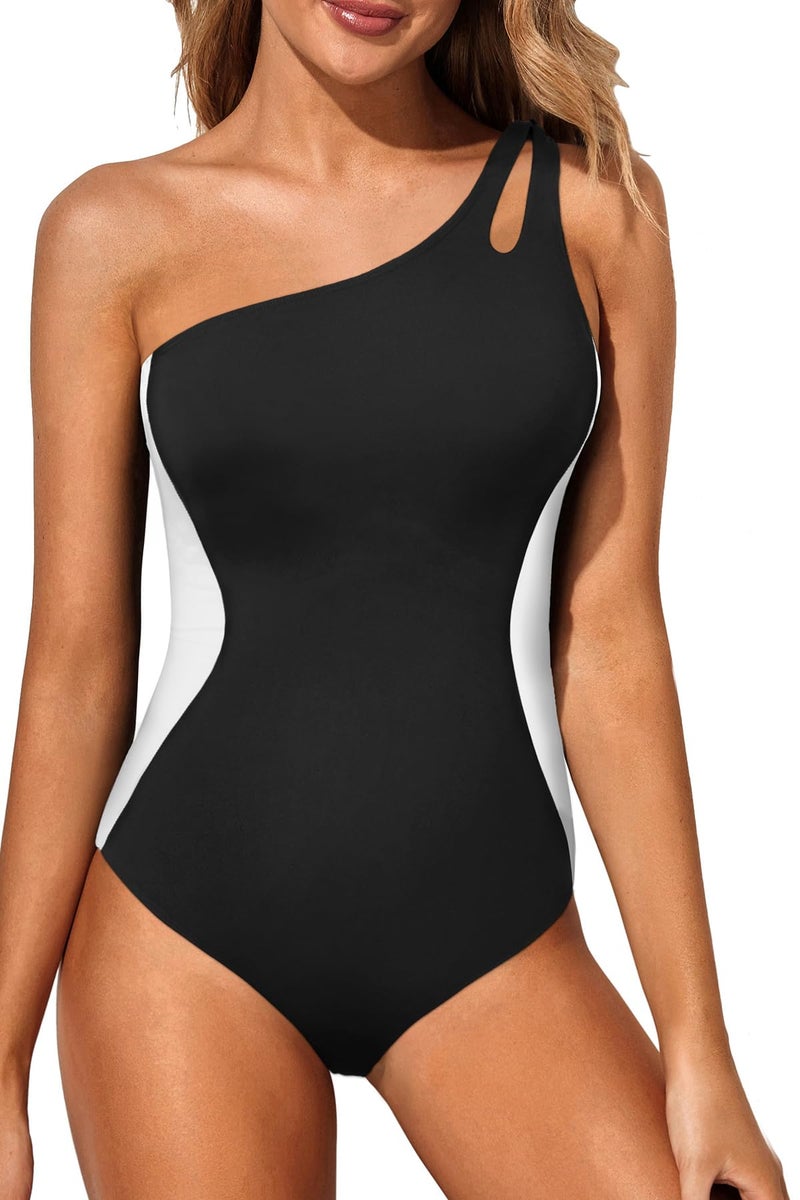 Holipick One Shoulder One Piece Swimsuit for Women Tummy Control Bathing Suits Modest Full Coverage Keyhole Swimwear - Image 1