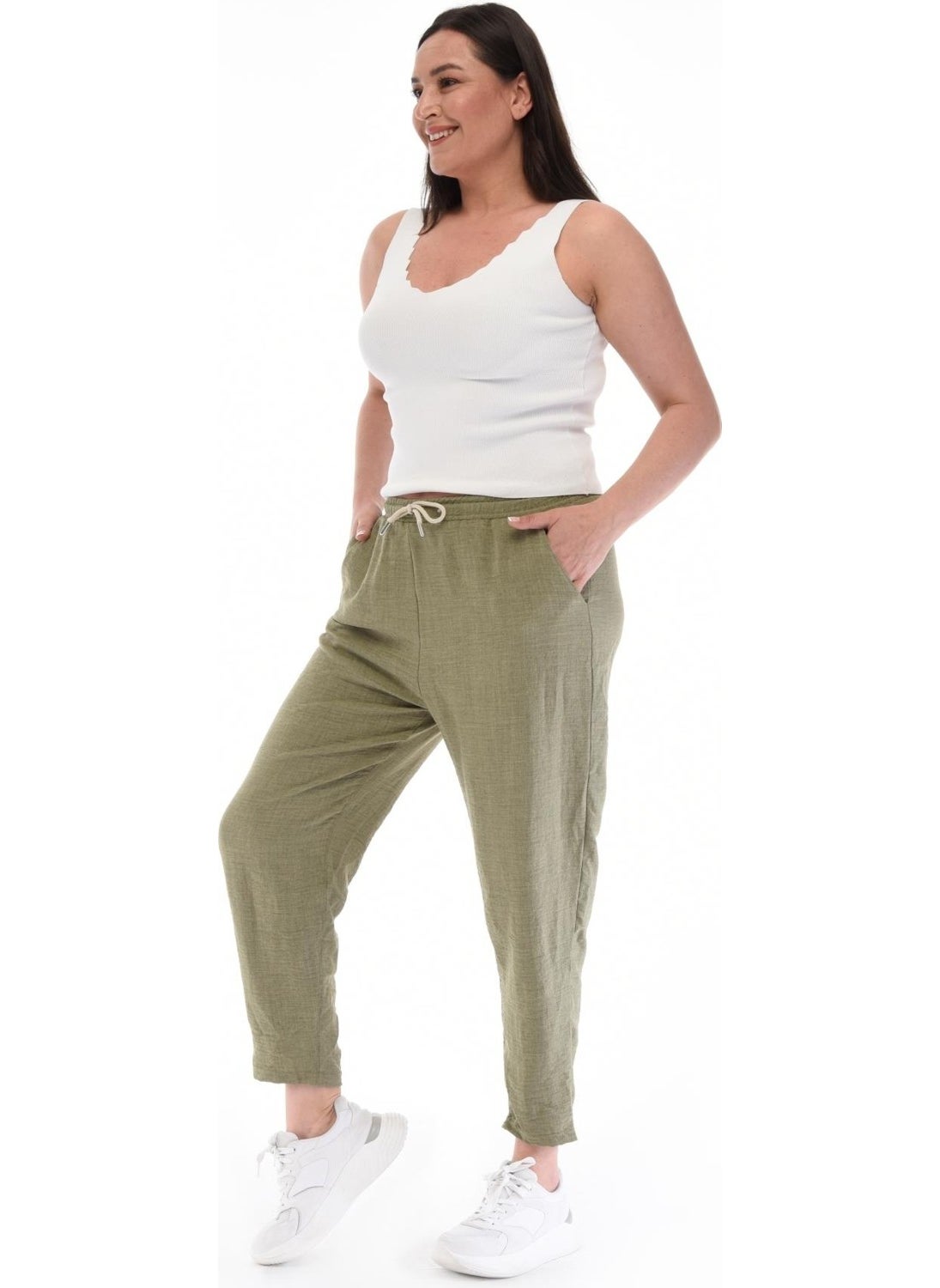 Cedy Denim - سروال مامي بقصة ضيقة عالية الخصر من الكتان بحجم كبير - Image 1