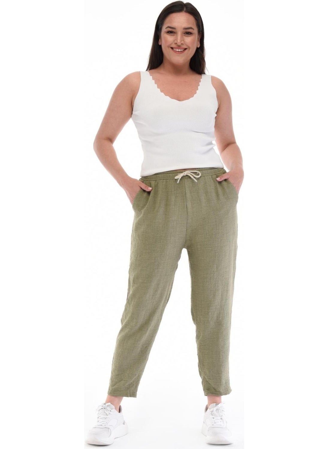 Cedy Denim - سروال مامي بقصة ضيقة عالية الخصر من الكتان بحجم كبير - Image 1