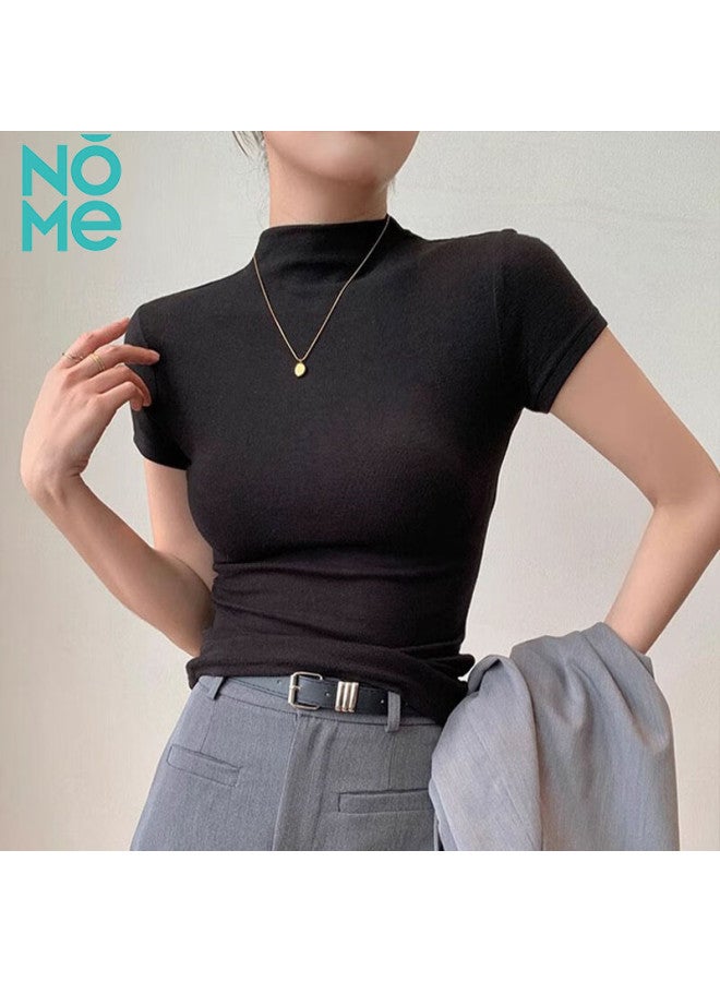 Nome Threaded Half High Neck Short Sleeve T-shirt Women's Summer New High-end Slim Fit Top Black M - Image 1