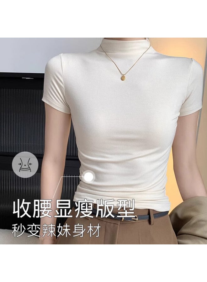 Nome Threaded Half High Neck Short Sleeve T-shirt Women's Summer New High-end Slim Fit Top Black M - Image 2