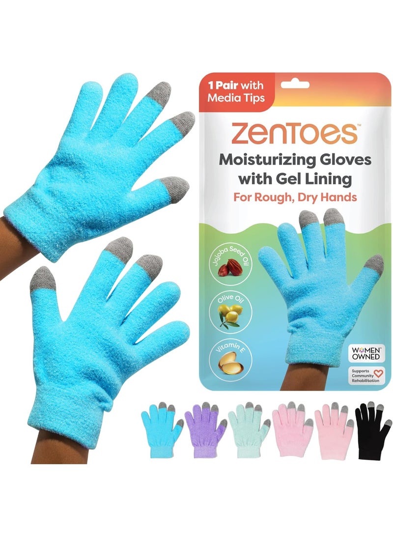 Zentoes ZenToes Moisturizing Gloves for Dry Hands and Eczema, Gel Infused with Jojoba Seed Oil, Olive Oil and Vitamin E, Overnight Hand Moisturizer (OSFM, Fuzzy Blue with Media Tips) - Image 1