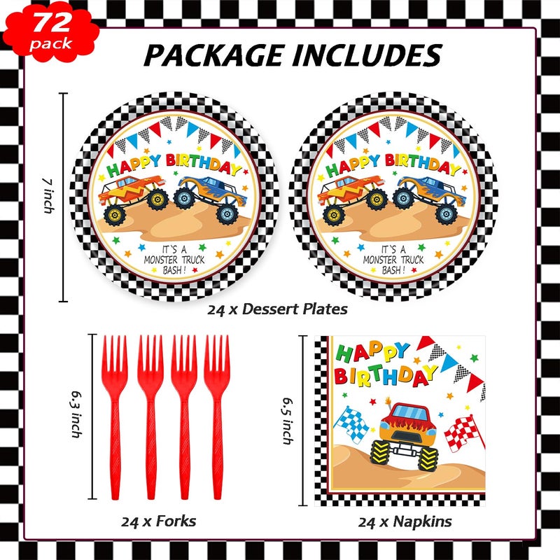 LYFREE 72Pcs Racing Car Party Plates and Napkins Monster Truck Birthday Party Supplies Disposable Checkered Race Tableware Set for Boys Birthday Wheel Sports Baby Shower Decorations Serves 24 - Image 2