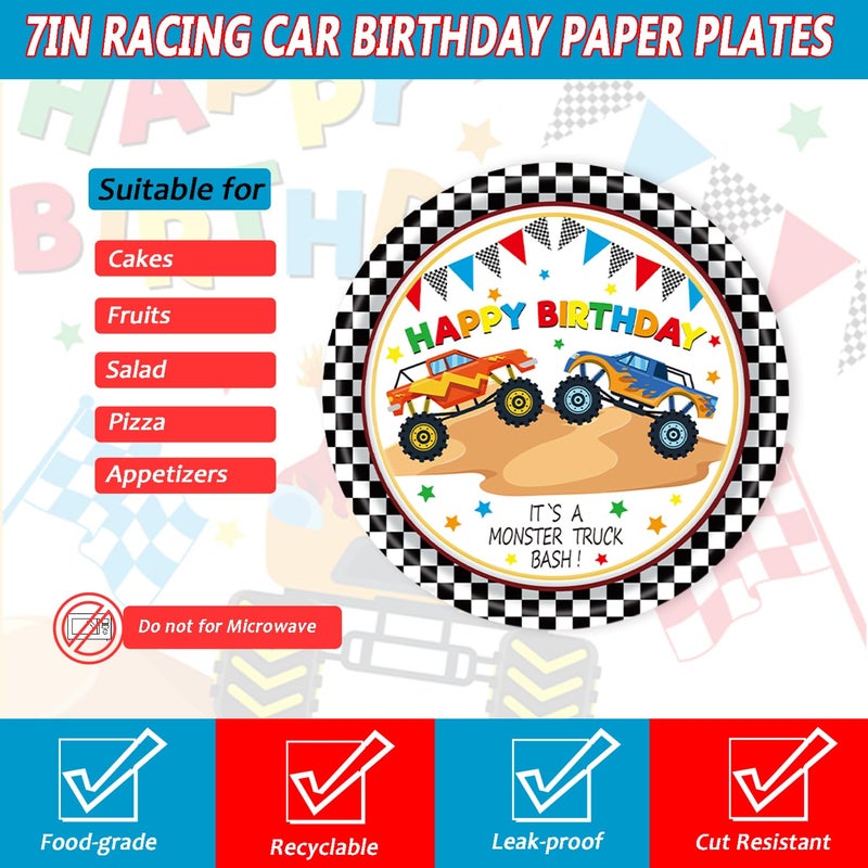 LYFREE 72Pcs Racing Car Party Plates and Napkins Monster Truck Birthday Party Supplies Disposable Checkered Race Tableware Set for Boys Birthday Wheel Sports Baby Shower Decorations Serves 24 - Image 3