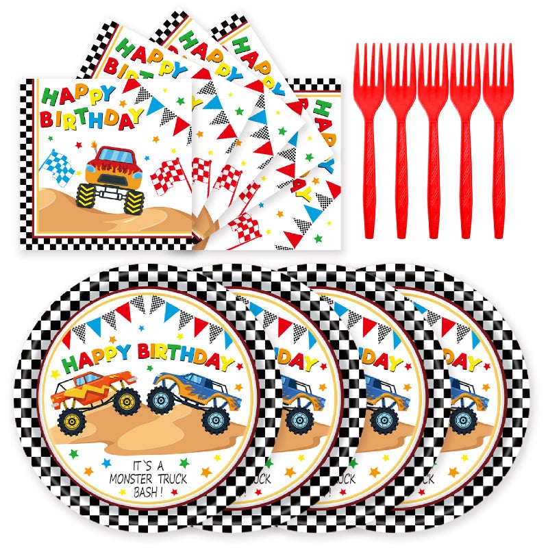 LYFREE 72Pcs Racing Car Party Plates and Napkins Monster Truck Birthday Party Supplies Disposable Checkered Race Tableware Set for Boys Birthday Wheel Sports Baby Shower Decorations Serves 24 - Image 1