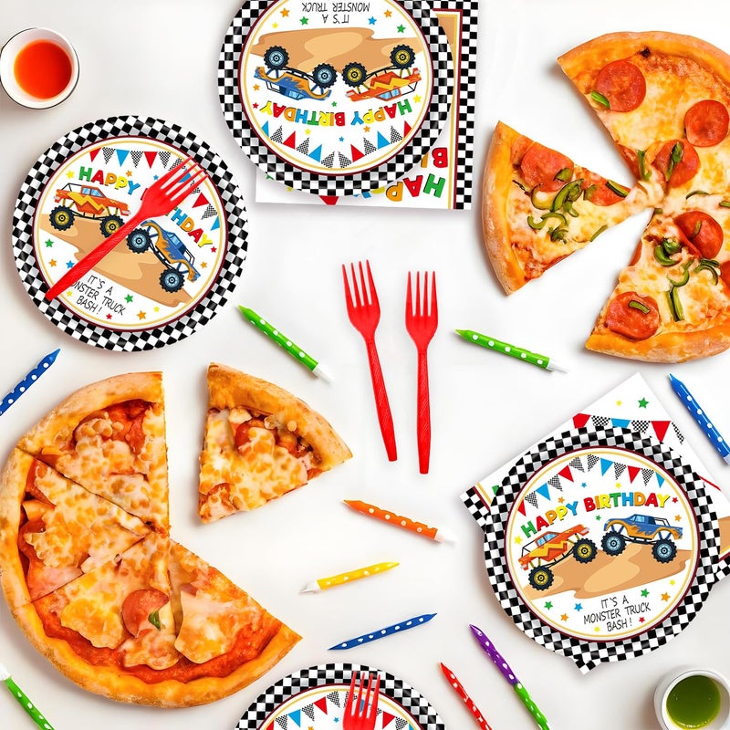 LYFREE 72Pcs Racing Car Party Plates and Napkins Monster Truck Birthday Party Supplies Disposable Checkered Race Tableware Set for Boys Birthday Wheel Sports Baby Shower Decorations Serves 24 - Image 5