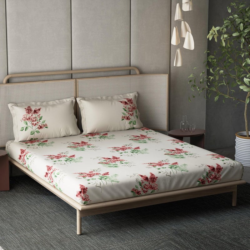 DDECOR Live beautiful Ddecor Memento Collection Bedsheet Set - 100% Cotton Bedsheet for Double Bed, Classical 145 TC Double Bedsheet with 2 Pillow Covers - Red  - Image 1
