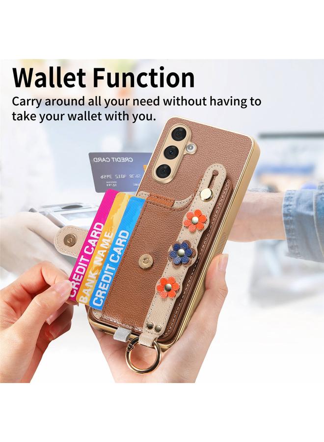 اس-توب جراب لهاتف Samsung Galaxy A54 5G مع سوار معصم وبطاقة وحقيبة هاتف بتصميم زهور مجسمة - Image 5