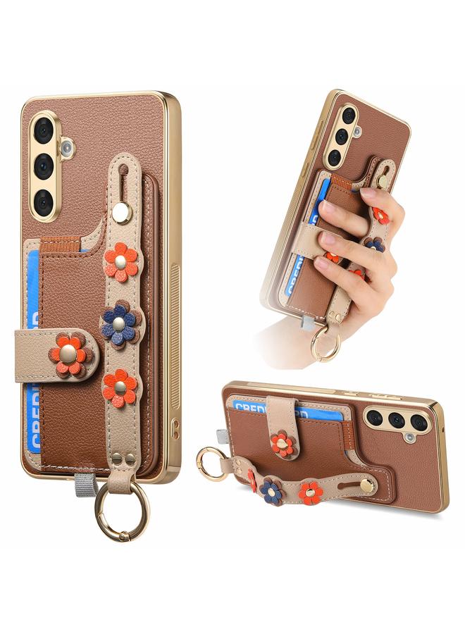 اس-توب جراب لهاتف Samsung Galaxy A54 5G مع سوار معصم وبطاقة وحقيبة هاتف بتصميم زهور مجسمة - Image 1