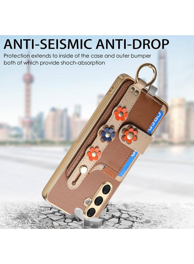 اس-توب جراب لهاتف Samsung Galaxy A54 5G مع سوار معصم وبطاقة وحقيبة هاتف بتصميم زهور مجسمة - Image 4