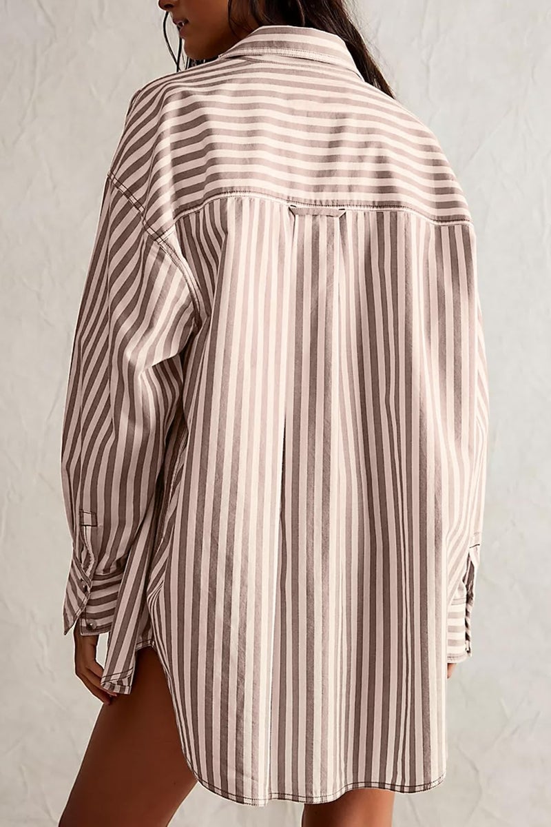 CHYRII Womens Striped Button Down Shirt Casual Long Sleeve Blouse Top Tan XL - Image 5