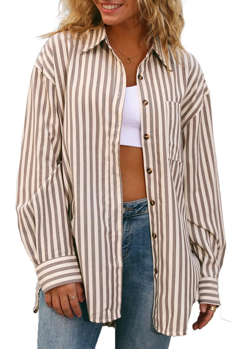CHYRII Womens Striped Button Down Shirt Casual Long Sleeve Blouse Top Tan XL - Image 1