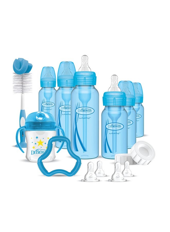 Dr. Brown's Dr. Brown's Natural Flow Anti-Colic Options+ Special Edition Blue Baby Bottle Gift Set with Soft Sippy Spout Transition Cup, Flexees Teether, Bottle Cleaning Brush and Travel Caps  - Image 1