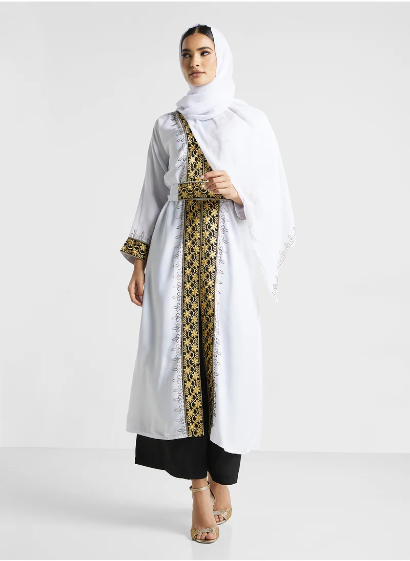 ARABIAN CLOSET Embroidered Open Abaya Wih Belt