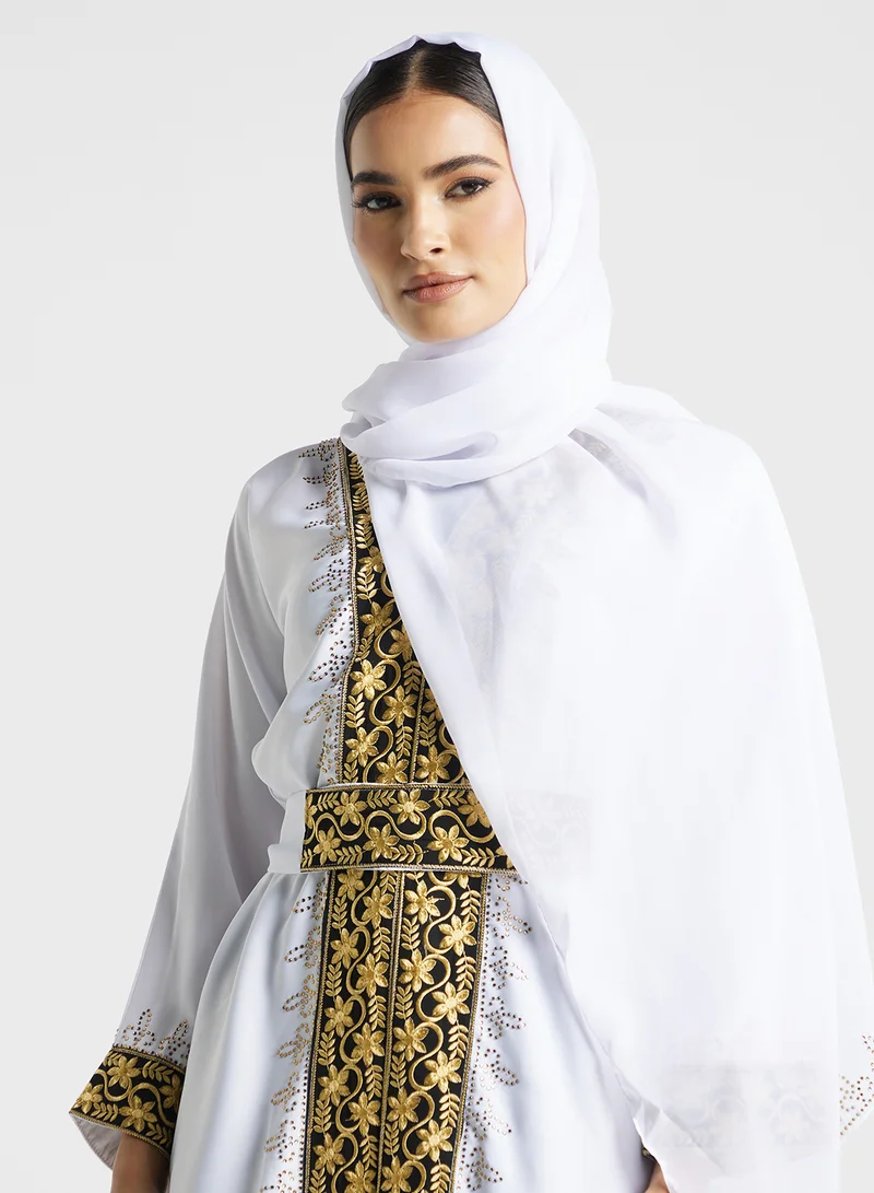 ARABIAN CLOSET Embroidered Open Abaya Wih Belt
