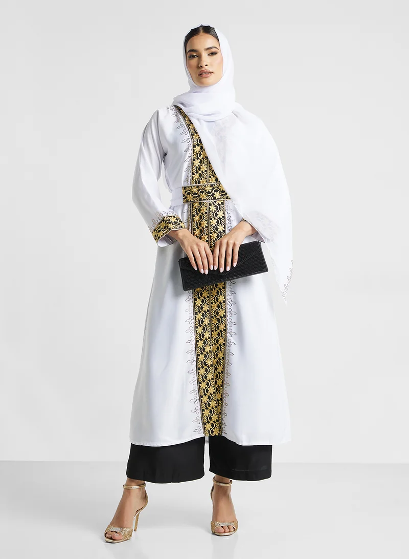 ARABIAN CLOSET Embroidered Open Abaya Wih Belt