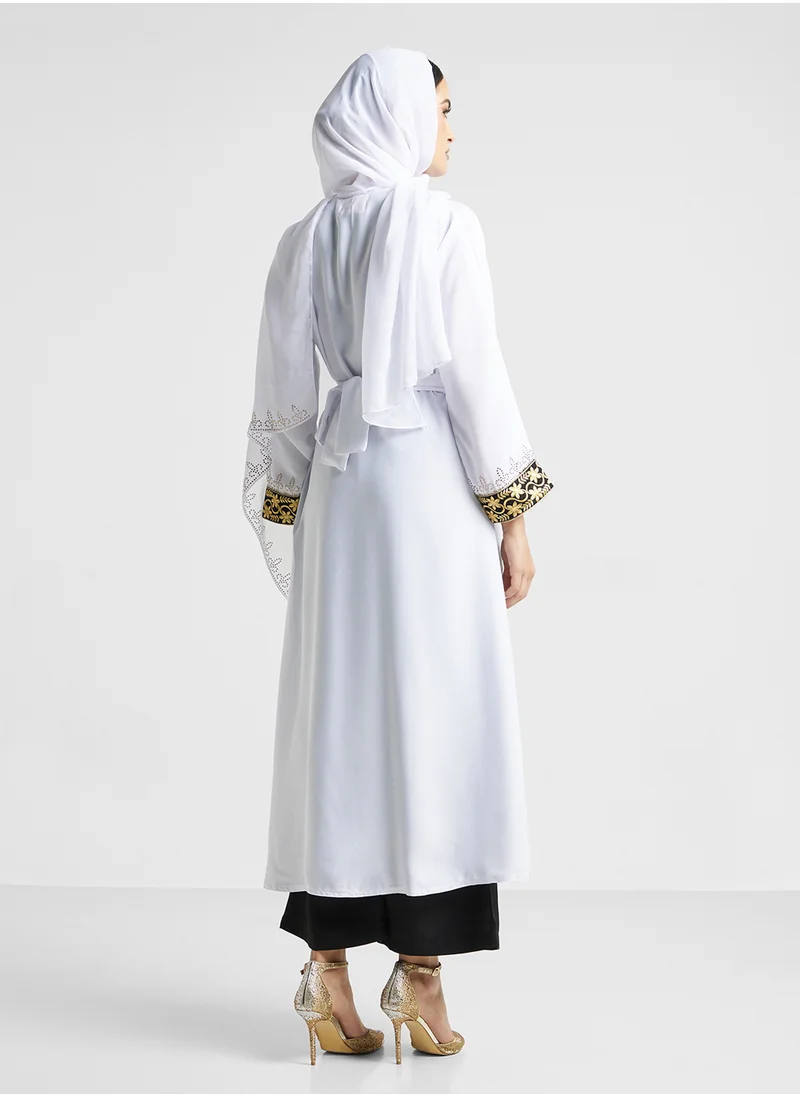 ARABIAN CLOSET Embroidered Open Abaya Wih Belt