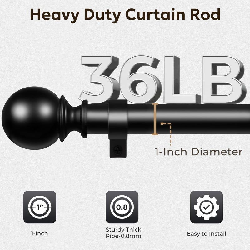 Zeerobee Curtain Rods for Windows 48 to 84, 1 Inch Adjustable Heavy Duty Black Curtain Rod, Outdoor Indoor Room Divider Modern Drapery Pole, 48-86" - Image 4