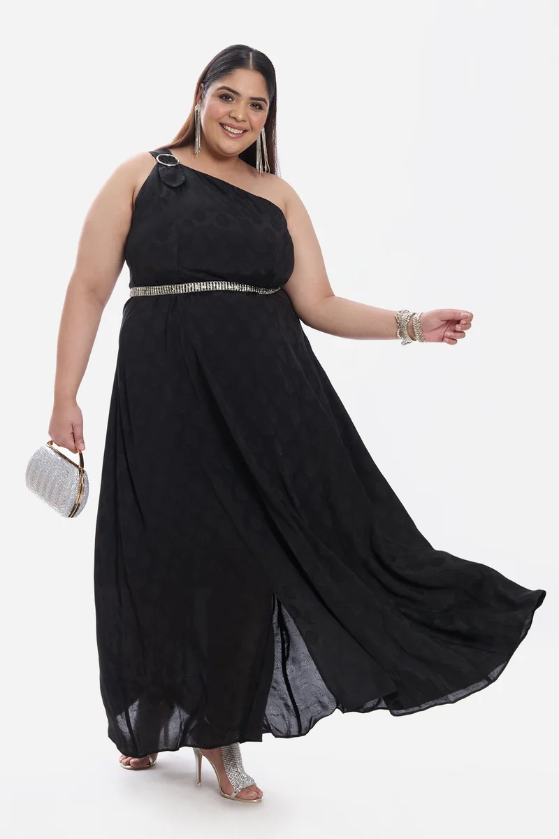 فيرجيو Self Design Viscose One Shoulder A Line Plus Size Dress for Women