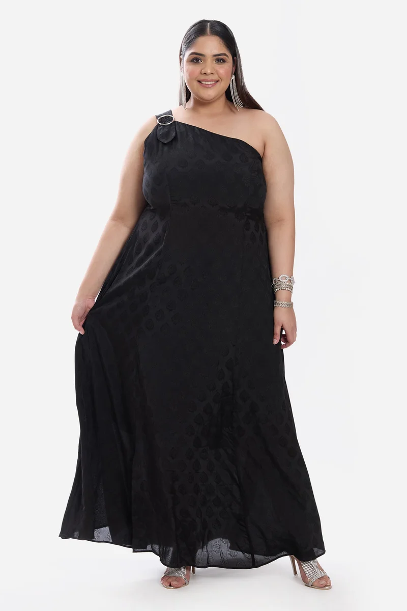 فيرجيو Self Design Viscose One Shoulder A Line Plus Size Dress for Women