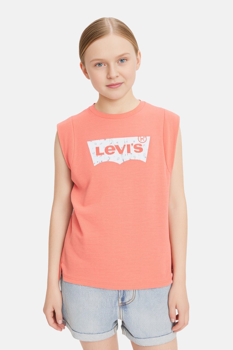 Levi's Kids Girl Cap Sleeve Brand Logo T-Shirt, Peach - Image 1