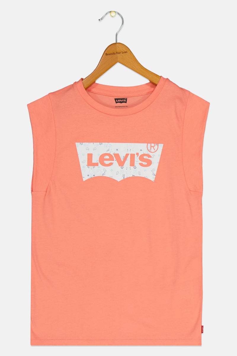 Levi's Kids Girl Cap Sleeve Brand Logo T-Shirt, Peach - Image 3