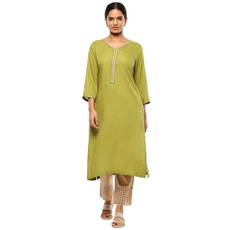 Biba Women's Green Rayon Straight Kurta_38 - Image 5