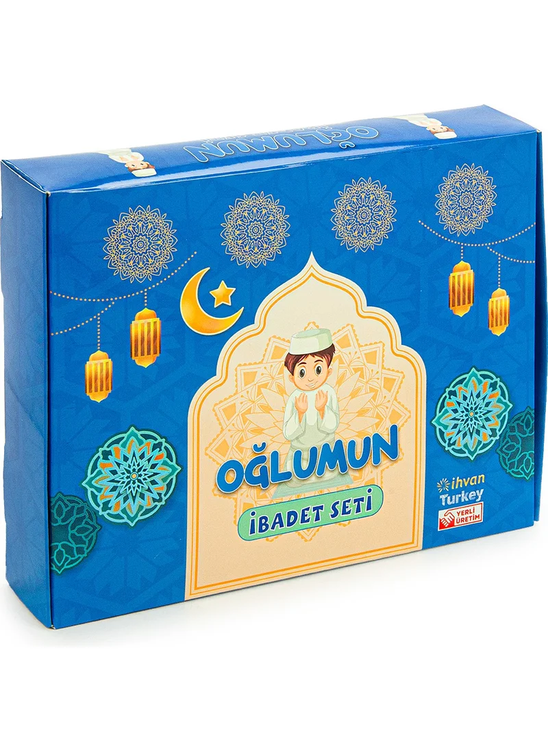 İhvan Online My Son's Prayer Set - Children's Prayer Rug Set - First Step to Prayer Set - Blue