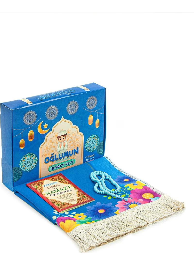 İhvan Online My Son's Prayer Set - Children's Prayer Rug Set - First Step to Prayer Set - Blue