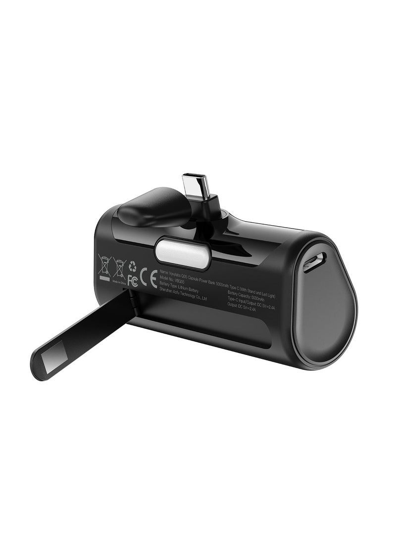 VYVYLABS بنك طاقة كبسولة Vyvylabs Q05 بسعة 5000 مللي أمبير من النوع C صغير الحجم وصغير الحجم مع شاشة LED رقمية (مع حامل وإضاءة LED) أسود - Image 2