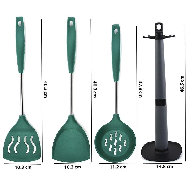 P-Plus International PPlus International Skimmer Spoon for Frying Egg Flipper Slotted Turner Dosa Karandi Holder for Kitchen Steel Spatulas Non Stick Spatula Ladle Stand Silicone Spoon for Cooking Set of 4 Green  - Image 2