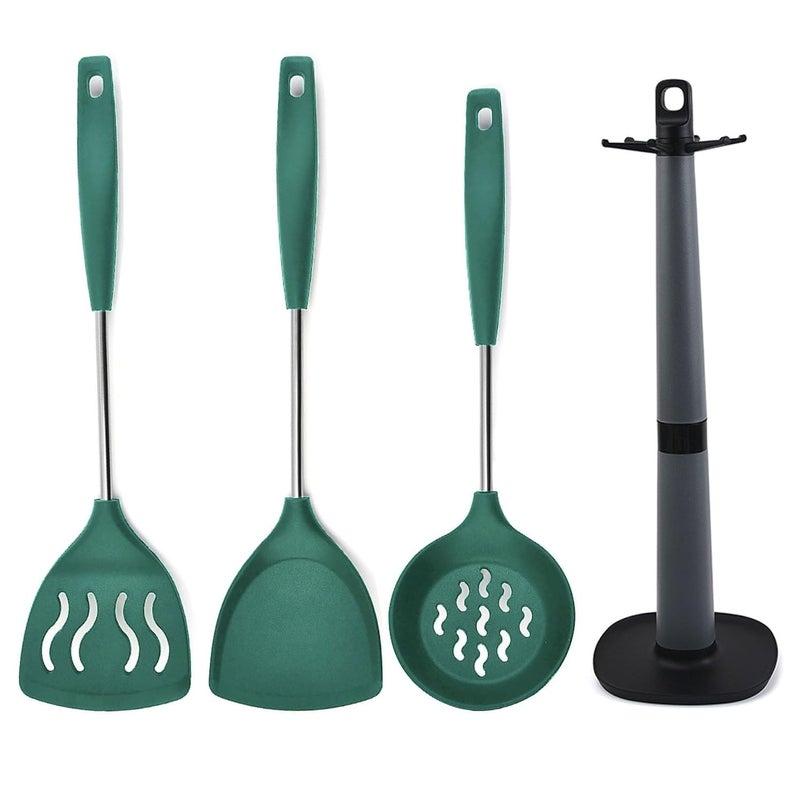 P-Plus International PPlus International Skimmer Spoon for Frying Egg Flipper Slotted Turner Dosa Karandi Holder for Kitchen Steel Spatulas Non Stick Spatula Ladle Stand Silicone Spoon for Cooking Set of 4 Green  - Image 1