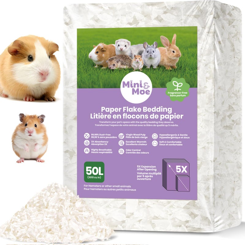 mini&moe Hamster Bedding 50L: Dust-Free and Odor Control Moisture Absorbent Unscented Natural Paper Small Pet Bedding - for Guinea Pigs, Hamsters, Chinchilla,Rabbits,Rat,Ferret, and Gerbil, 50 Liters - Image 1