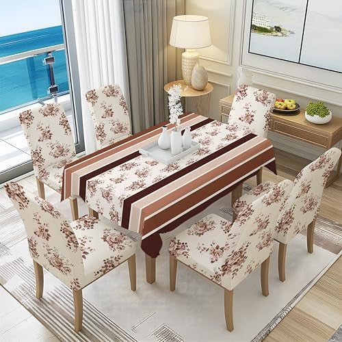 BRIDA® Polyester Spandex Stretchable Floral Geometric Printed Dining Chair Covers Elastic Chair Seat Case Protector, Slipcovers (6 Seater Table Cover + 6 Chair Cover, Brown Rose) - Image 1