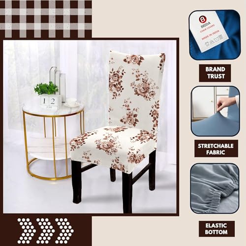 BRIDA® Polyester Spandex Stretchable Floral Geometric Printed Dining Chair Covers Elastic Chair Seat Case Protector, Slipcovers (6 Seater Table Cover + 6 Chair Cover, Brown Rose) - Image 2