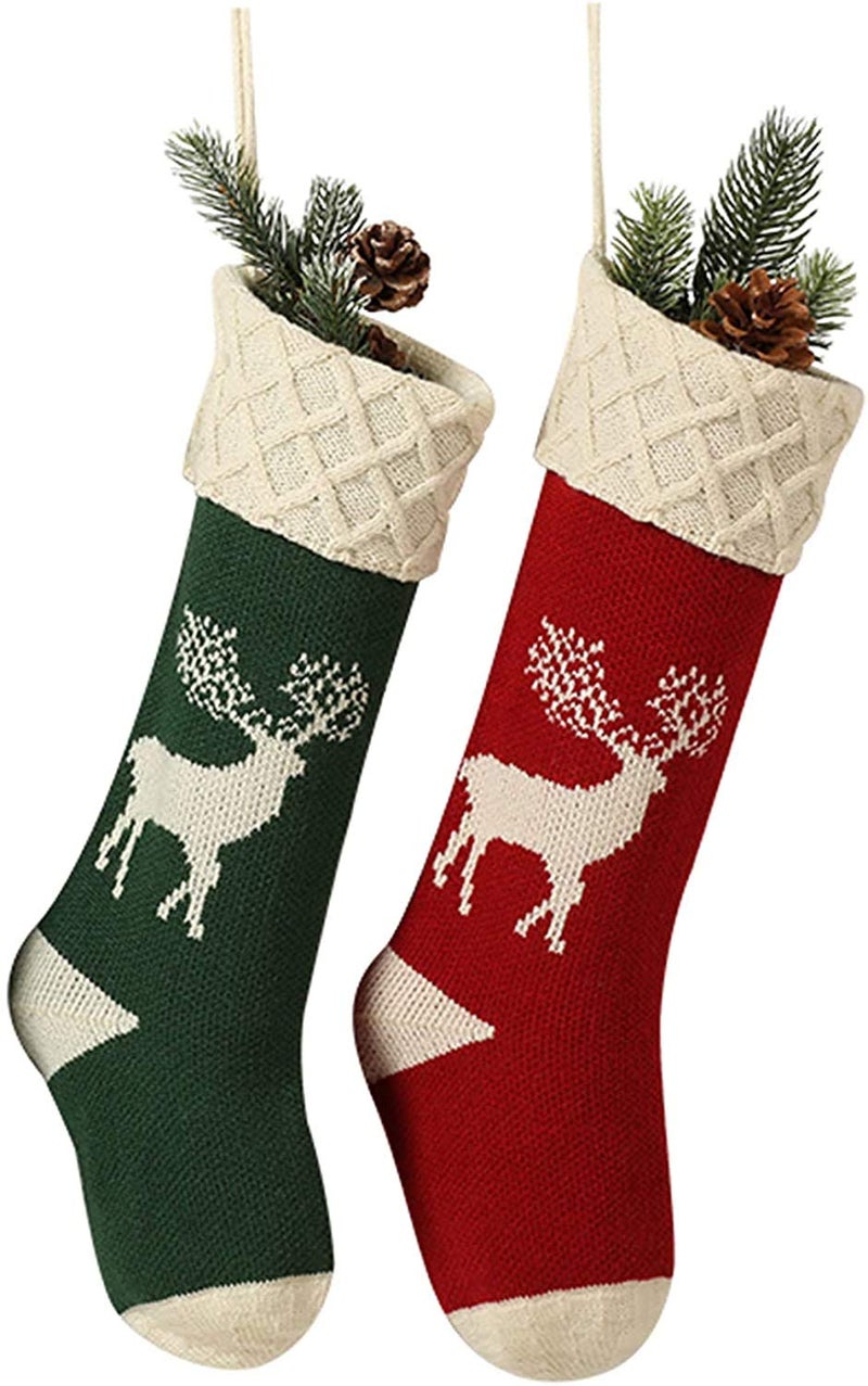 Guojanfon Christmas StockingsBig Size 2Pack 18Inch Extra Long HandKnitted RedGreen Reindeer Snowflakes Xmas Character for Family Holiday Season Decor